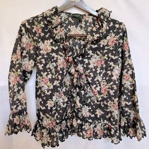 LRL Lauren Jeans Black Floral Ruffled Button Down Romantic Blouse.  Size S